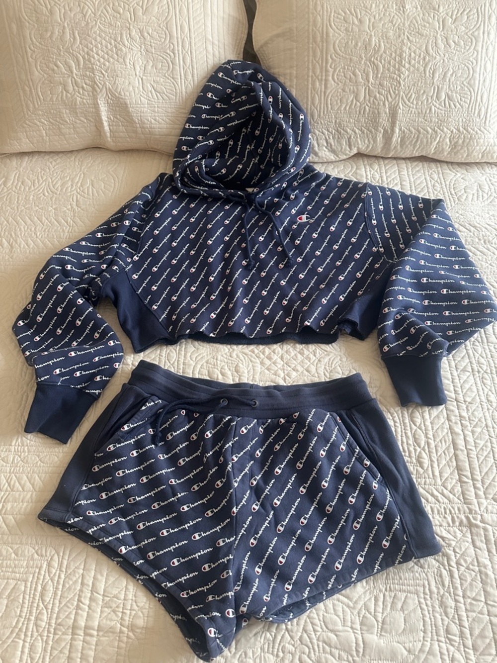 Champion Navy Allover Logo Cropped Hoodie and Shorts Set X-Large